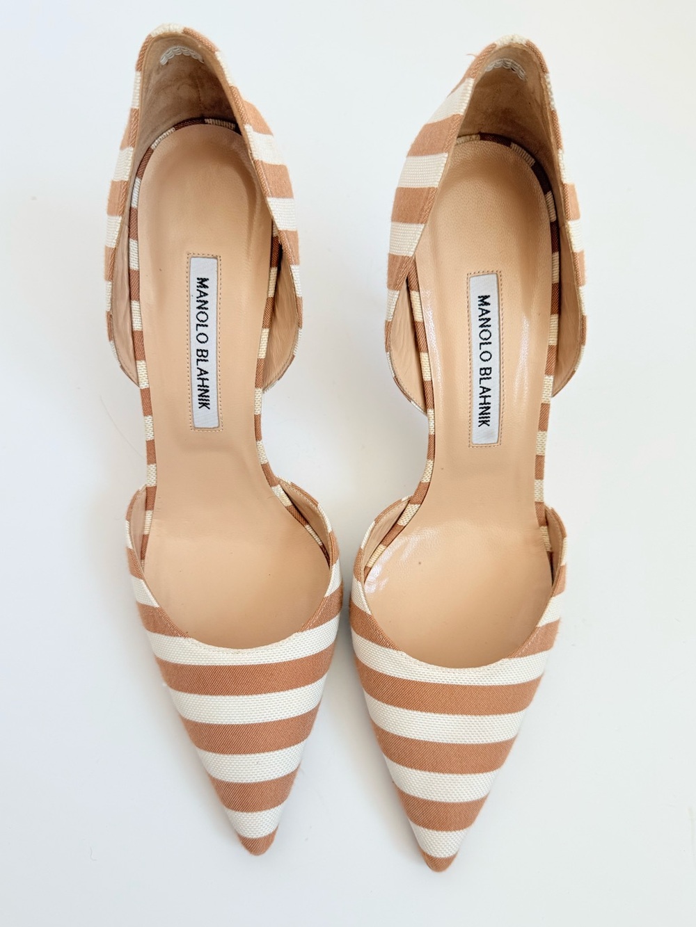 Manolo Blahnik Tyler Striped Canvas D’Orsay Pumps EU 41 Nude Ivory 90mm heels